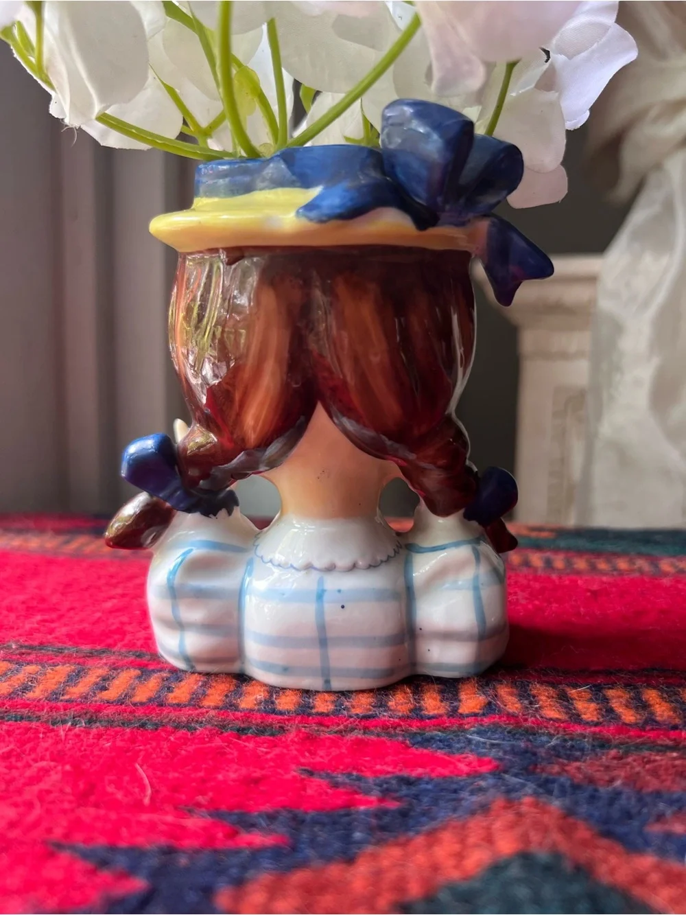 Vintage Ceramic Girl with Pigtails Head Vase in Blue, Checkered dress like new - Picture 5 of 14